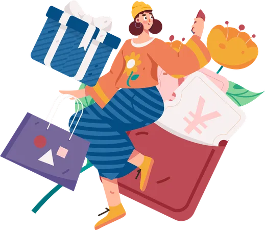 Woman purchasing using Yen wallet  Illustration