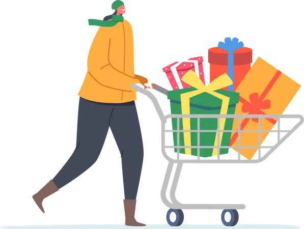 Woman Push Shopping Cart with Gift Boxes Illustration