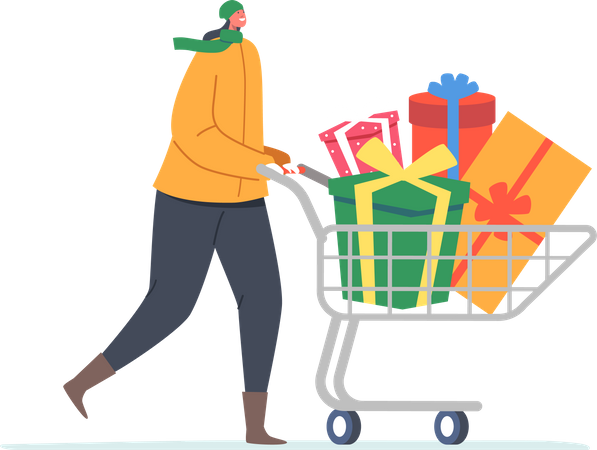 Woman Push Shopping Cart with Gift Boxes  Illustration