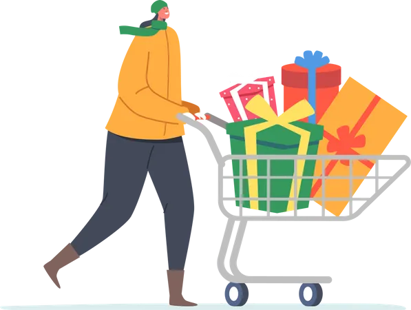 Woman Push Shopping Cart with Gift Boxes  Illustration