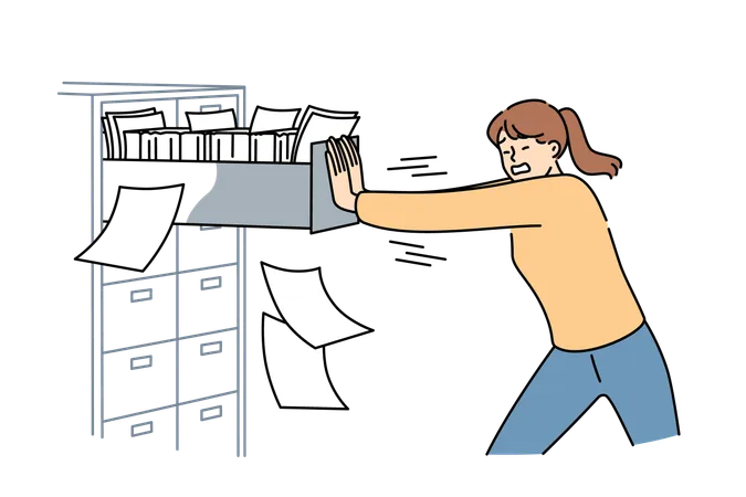 Woman pushes file cabinet forcefully  Illustration