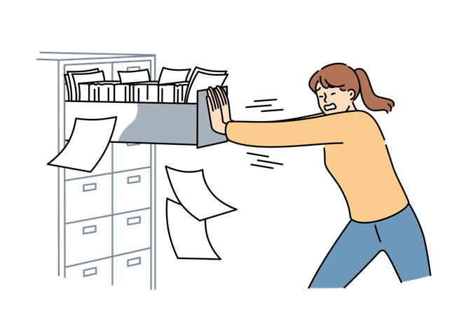 Woman pushes file cabinet forcefully  Illustration