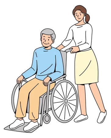 Woman Pushing An Elderly Man wheelchair  イラスト