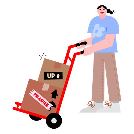 Woman pushing hand trolley  Illustration