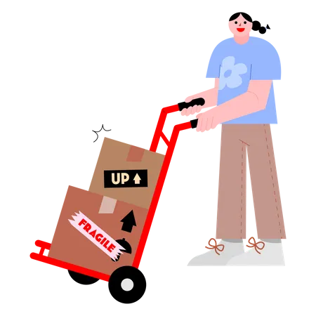 Woman pushing hand trolley  Illustration