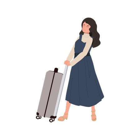 Woman Pushing Heavy Suitcase  Illustration