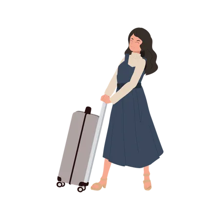Woman Traveler Struggling With Heavy Luggage Woman Pushing Heavy Suitcase Illustration