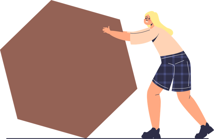 Woman pushing hexagon shape  イラスト