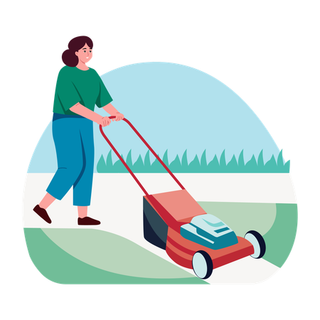Woman pushing Lawn mower  Illustration