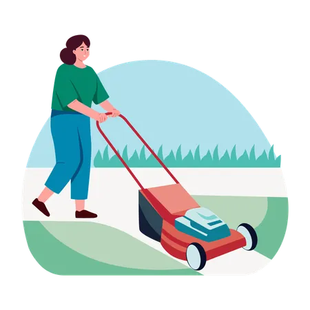 Woman pushing Lawn mower  Illustration