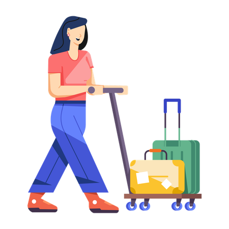 Woman Pushing Luggage Trolley  Illustration