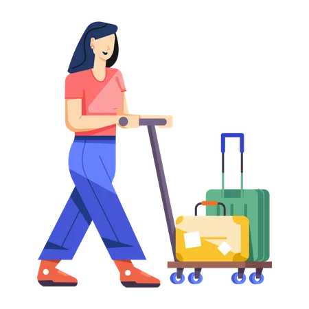 Woman Pushing Luggage Trolley  Illustration