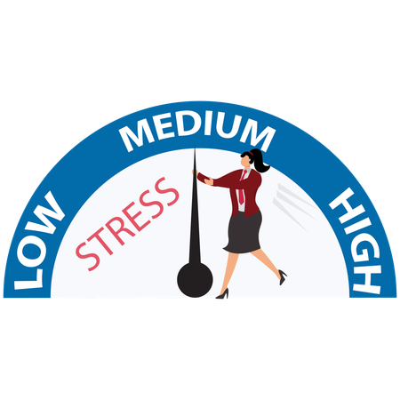 Woman pushing needle on stress gauge in red zone  Illustration
