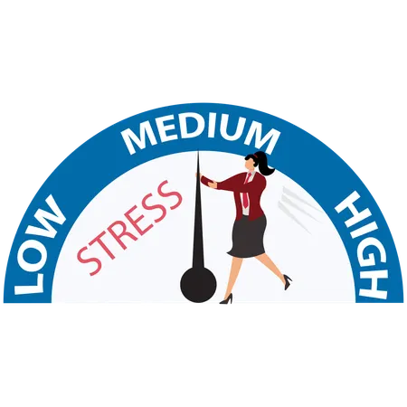 Woman pushing needle on stress gauge in red zone  Illustration