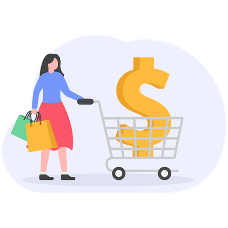 Woman pushing shopping cart  Illustration