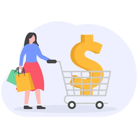 Woman pushing shopping cart  Illustration