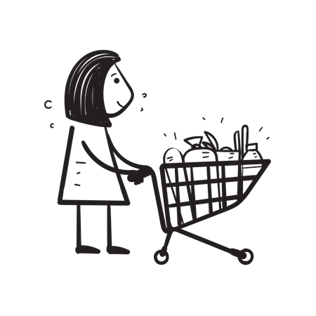 Woman pushing shopping trolley  Illustration