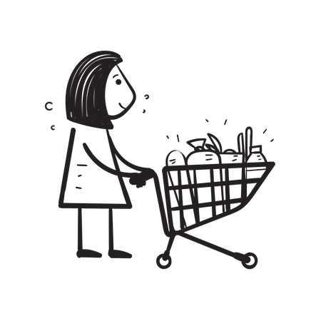 Woman pushing shopping trolley  Illustration