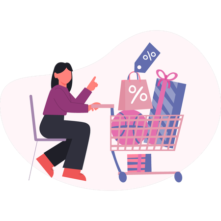 Woman pushing shopping trolley  Illustration