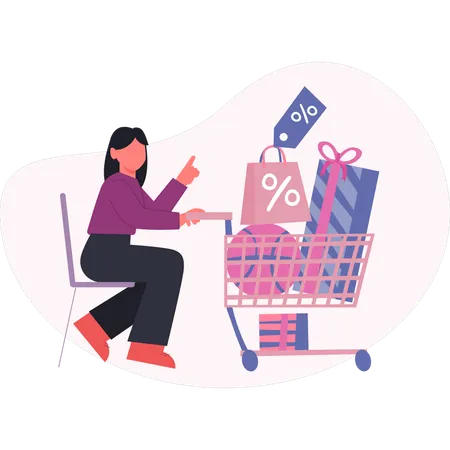 Woman pushing shopping trolley  Illustration