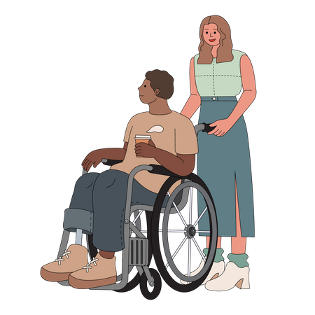 Woman pushing wheelchair Illustration