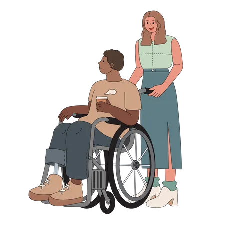 Woman pushing wheelchair  Illustration