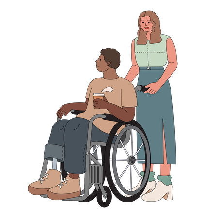 Woman pushing wheelchair  Illustration