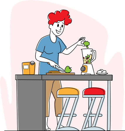 Woman Put Apple and Broccoli in Juicer Machine Illustration