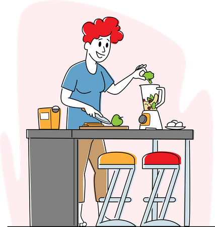 Woman Put Apple and Broccoli in Juicer Machine  Illustration