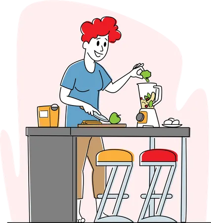 Woman Put Apple and Broccoli in Juicer Machine  Illustration