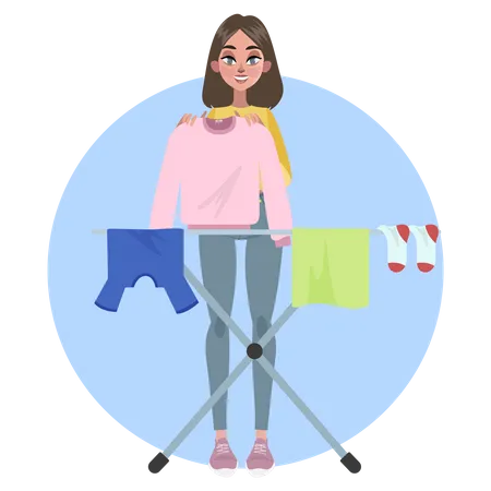 Woman put clothes to dry on rope Illustration