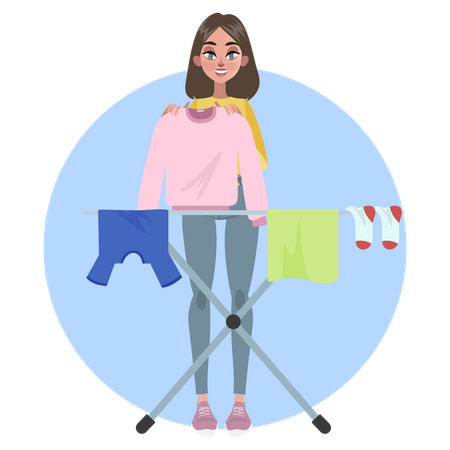 Woman put clothes to dry on rope  Illustration