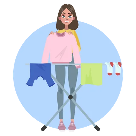 Woman put clothes to dry on rope  Illustration