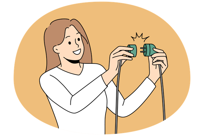 女性が電気ポケットにプラグを入れる  イラスト