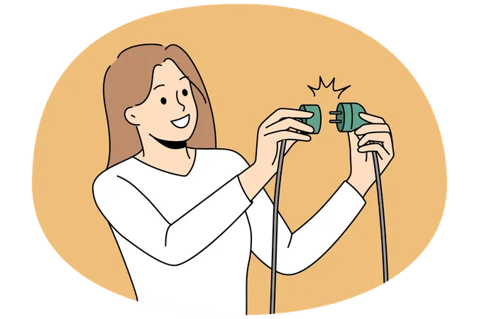 女性が電気ポケットにプラグを入れる  イラスト