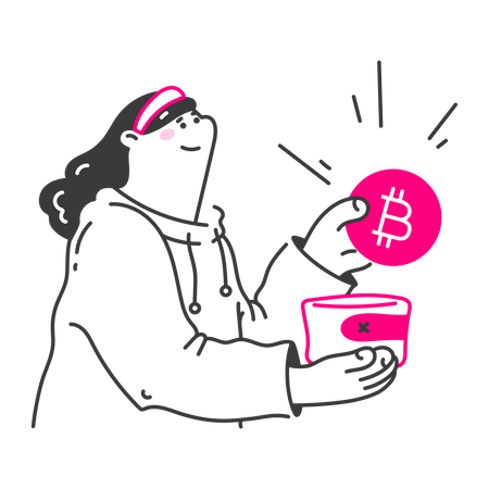 Woman puts bitcoin in her wallet  Illustration