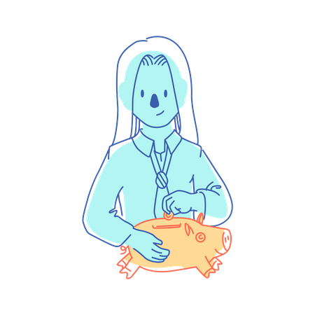 Woman puts coins in piggy bank  Illustration