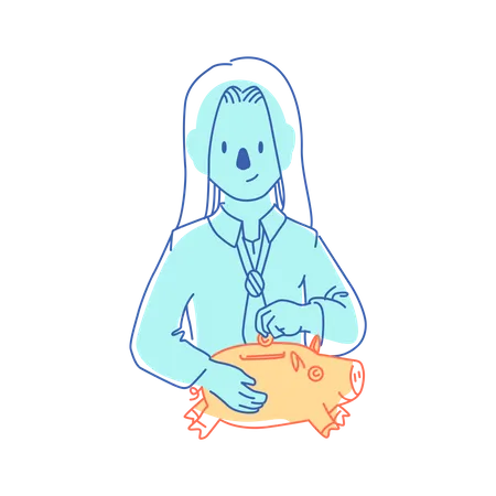 Woman puts coins in piggy bank  Illustration