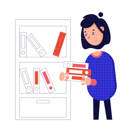 Woman puts documents on the shelf  Illustration