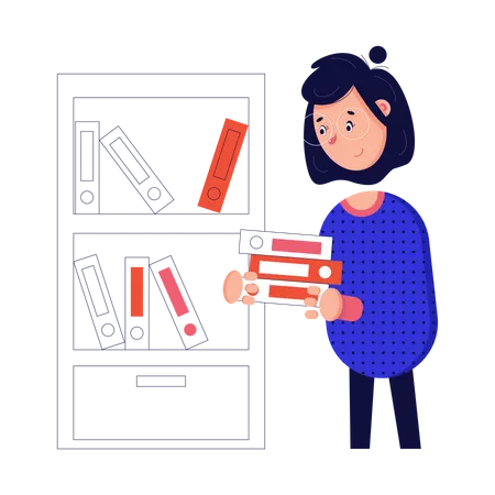 Woman puts documents on the shelf  Illustration