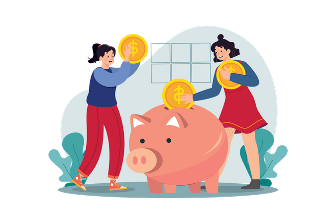 Woman puts money in a piggy bank Illustration