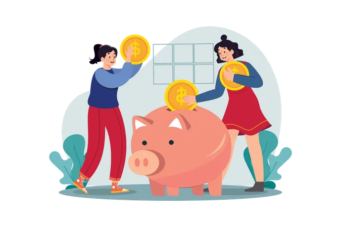 Woman puts money in a piggy bank Illustration