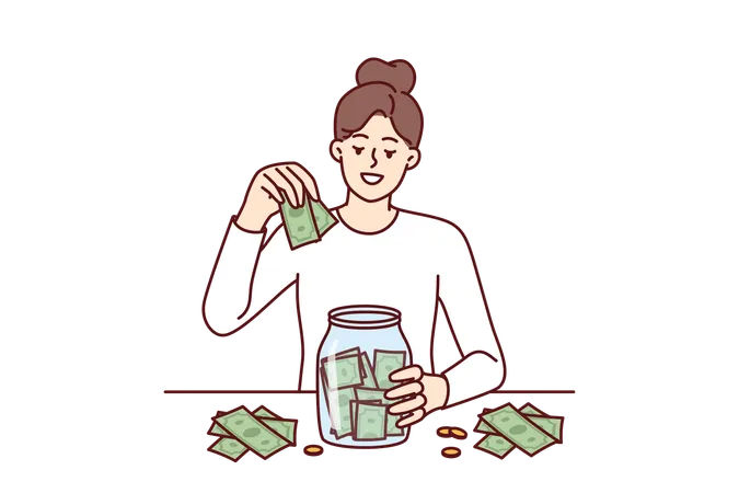 Woman Puts Money In Jar Wanting To Save Up To Buy Own House Or Start Successful Business For Financial Literacy Concept Girl Saves Money For Retirement Not Trusting Banks And Investment Funds Illustration