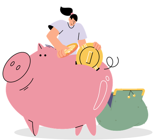 Woman puts money in piggy bank with coins and dollar bills  Illustration