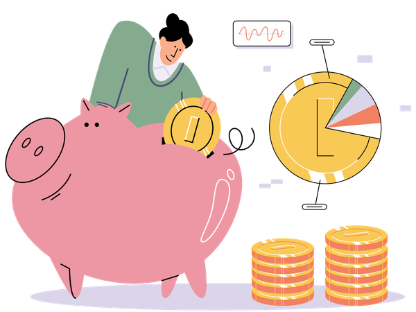 Woman puts money in piggy bank with coins and dollar bills  Illustration