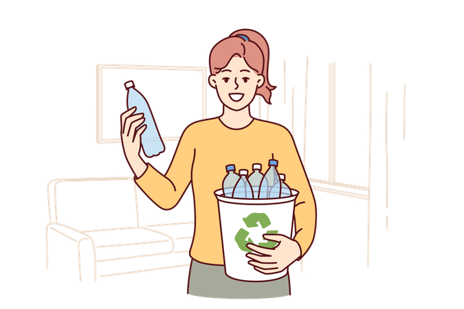 Woman puts plastic bottles in recycling bin  일러스트레이션