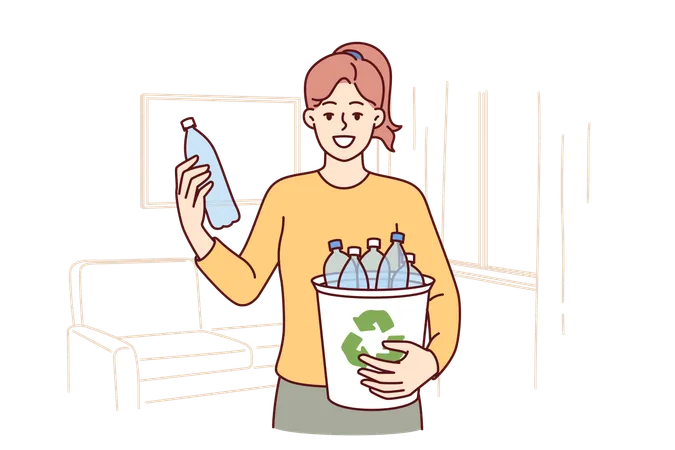 Woman Puts Plastic Bottles In Recycling Bin Showing Awareness And Concern For Environment Young Girl With Smile And Holds Plastic Container Created From Recycled Waste And Household Waste Illustration