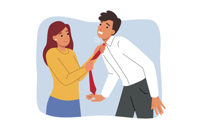 Woman puts tie tightly around husband neck  Illustration