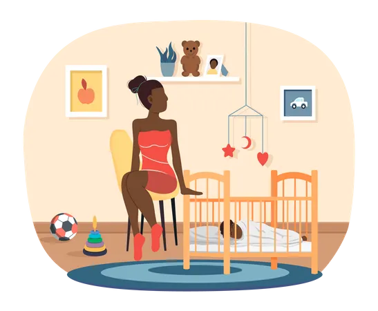 Woman puts to bed child in cradle Illustration