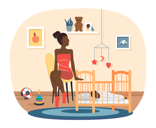 Woman puts to bed child in cradle  Illustration